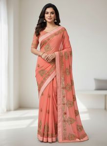 Beautiful Embroidered Peach Saree with Blouse