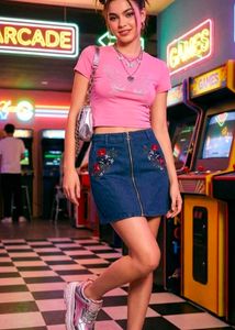 Embroidered Denim Mini Skirt with Zip Front