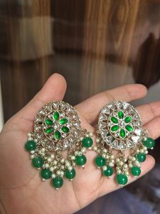 Green Kundan Chandbali Earrings