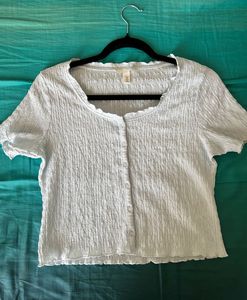 Light Blue Textured Button-Up Top