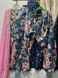 Floral Teal Kurta Set with Pink Dupatta