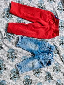 Two pants. Red Jogger Pant and blue jeans Capri fo