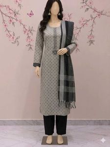 Elegant Grey Printed Kurta Set with Dupatta