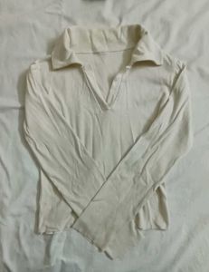cream long sleeve collared top