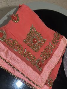 Beautiful Embroidered Peach Saree with Blouse