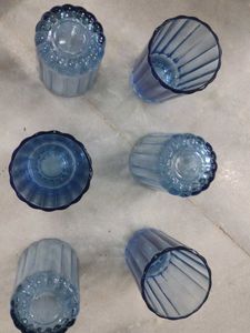 Set of 6 Blue Ribbed Glass Tumblers