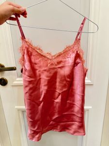 Pink Satin Cami Top with Lace Trim