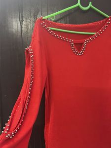 Stylish Red Embellished Cold-Shoulder Top