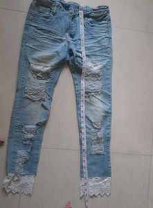 Distressed Jeans with Pearl &amp; Lace Detail