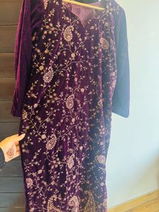 Velvet Embroidered Kurta with Shawl