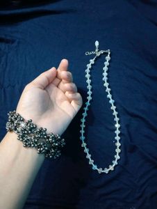 Boho Silver Bangles &amp; Crystal Necklace Set