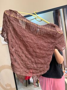 NewMe Sheer Textured Square Brown Neck Top