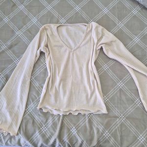 Cream Ribbed V-Neck Top Bell Sleeves & Lettuc