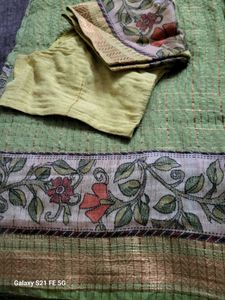 Green Saree with Floral Blouse