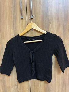Black Ribbed Tie-Front Cropped Top