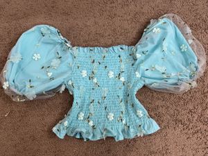 Blue Floral Mesh Sleeve Puff Top