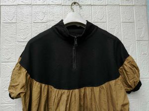 New with tag Korean Chic Black &amp; Tan Puff Sleeve T