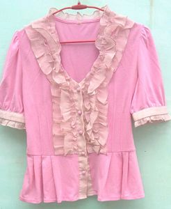 Pink Ruffled V-Neck Top 🩷🍥