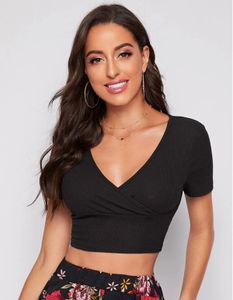 Slyck Ribbed Black V-Neck Crop Top