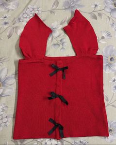 Red Cropped Top with Bow Details