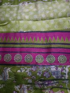 Green Saree with Elephant &amp; Floral Print