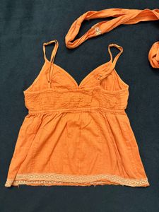 Indo Western Orange Beaded Kurti Top Set