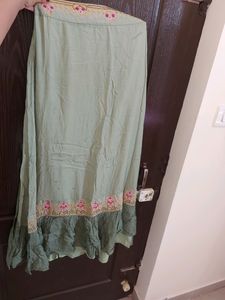Green Crop Top And Skirt With Designer Sleeves