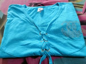 Blue Lace-Up V-Neck Tee