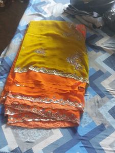 Embroidered Orange &amp; Yellow Saree