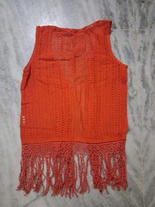 Orange Crochet Fringe Vest