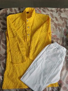 Kids Yellow Chikankari Kurta with Pants