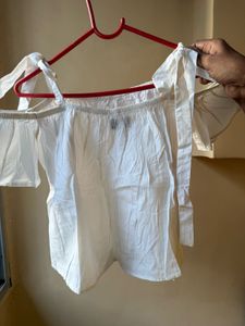 White Off-Shoulder Tie Top