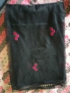 Elegant Black Saree with Pink Floral Print
