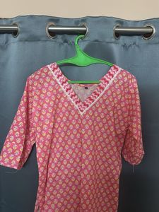 Pink Printed Kurta with V-Neck