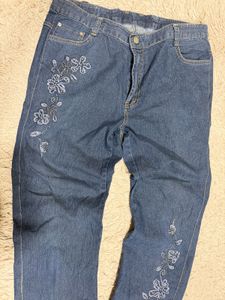 Embroidered Blue Denim Capris