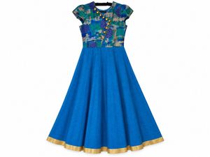 Blue Ethnic Gown with Printed Bodice