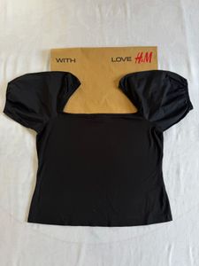 H&amp;M Black Puff Sleeve Square Neck Top