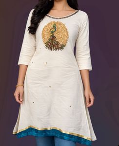 Elegant White Kurta with Peacock Embroidery