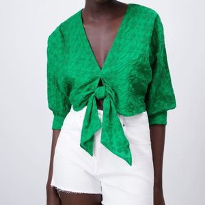 Zara Green Floral Tie-Front Blouse