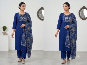 Royal Blue Printed Cotton Kurta Set with Matching