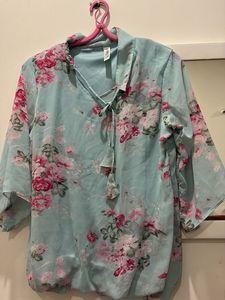 Floral Print Sheer Blue Top