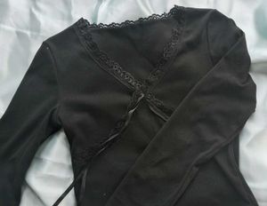 Black Lace Trim Tie-Front Top