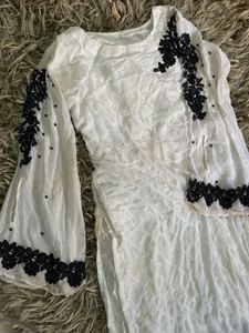 Elegant White Kurta Set with Black Embroidery