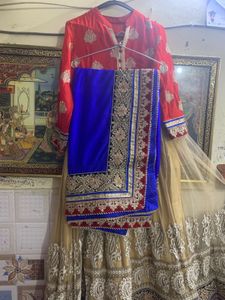 Red &amp; Gold Embroidered Anarkali Dress