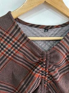 Brown Plaid Ruched Tie-Front Crop Top-Ful