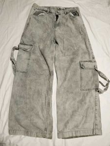 Grey Wash Wide Leg Cargo Jeans
