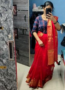 new pure dola silk Red Saree with hand work