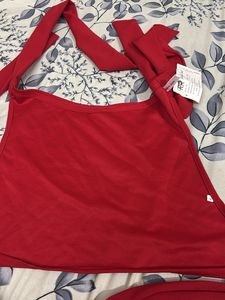 red halterneck tieup top