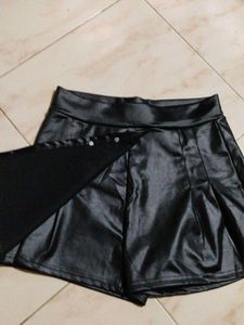 Black Faux Leather Button Skort