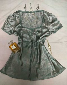 Silky teal fey top with lace trim